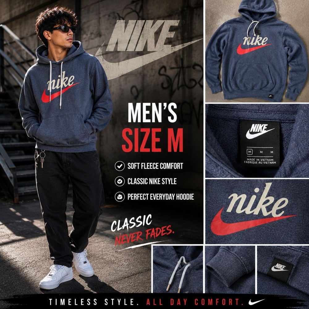 Nike Mens Sportswear Fleece Hoodie Navy Blue Script Logo Swoosh Pullover Size M
